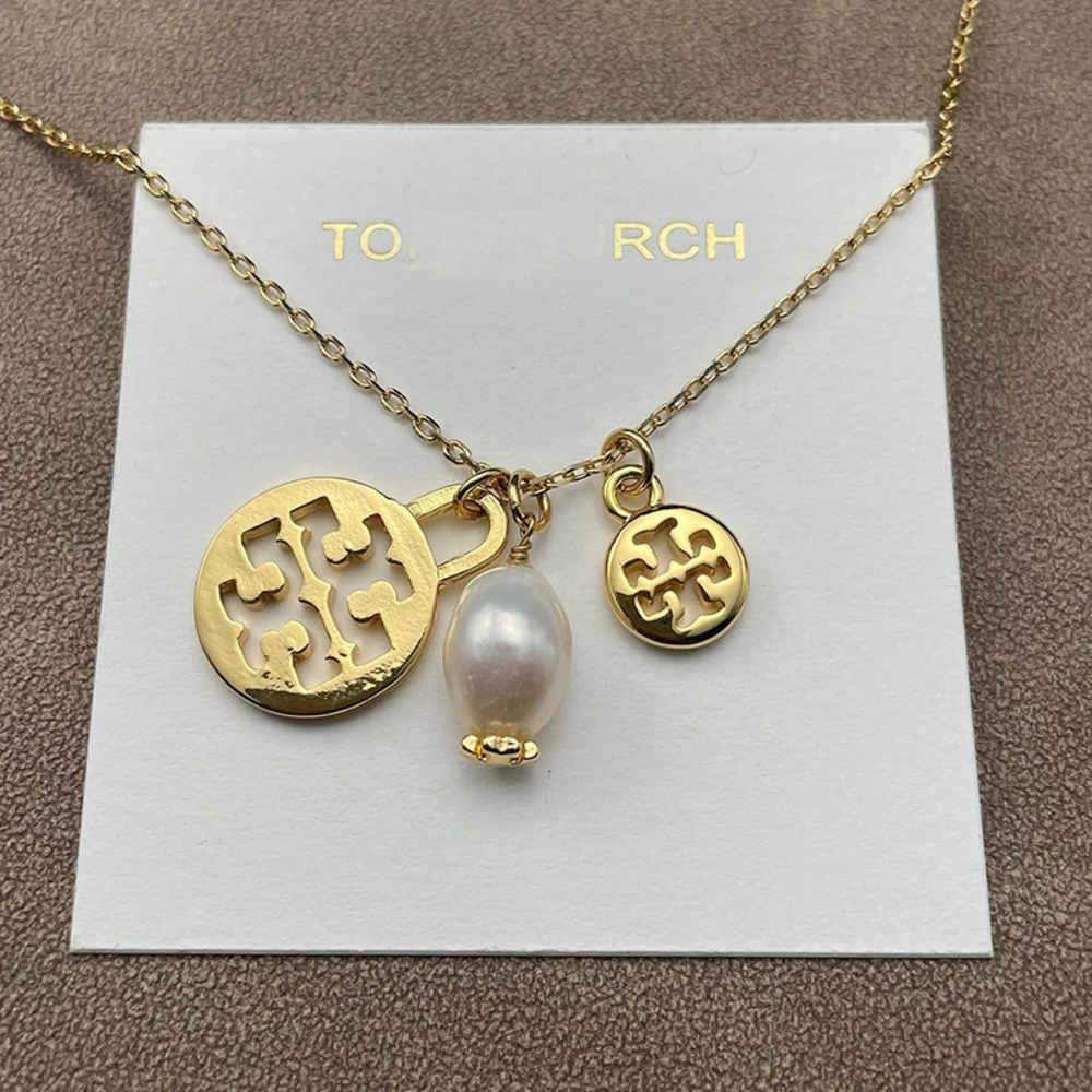Tory Burch Double Natural Freshwater Pearl Pendant Gold Plated Necklace